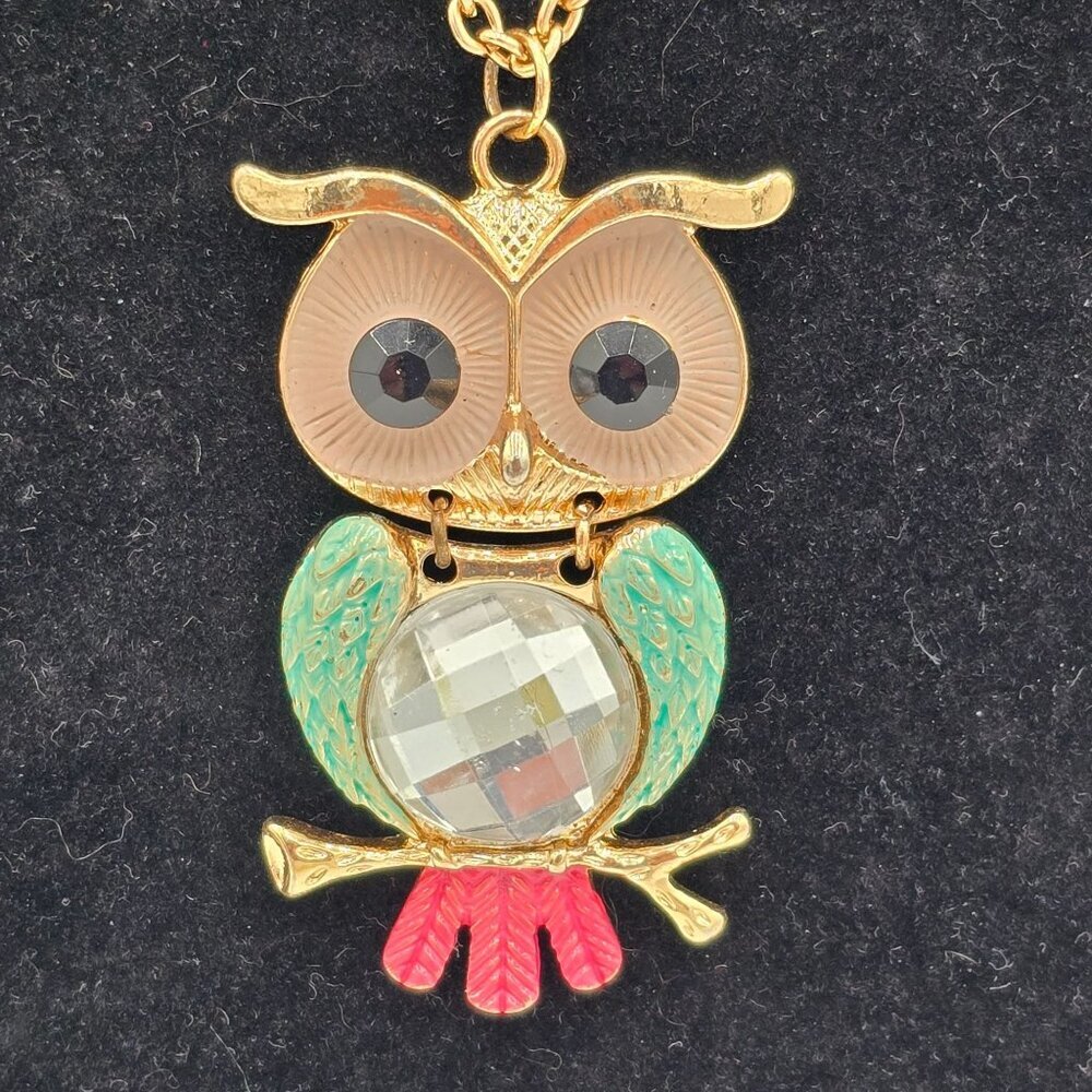 Vintage Charming Charlie Enamel Owl Pendant Necklace Turquoise Gold-Tone Chain - Picture 2 of 8